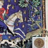 The hunting picture depicts Edward 1 who enjoyed the right to hunt in the Forest of Lanark, courtesy of Wiki Commons. Inset: Lanark seal.