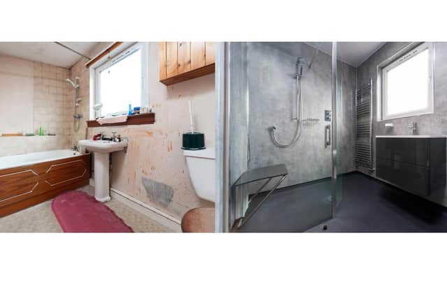 The firm can transform an old, unsightly bathroom (left) into a beautiful wet room (right) suitable for a person's needs.