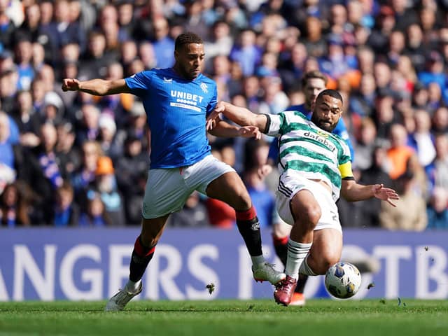Rangers' Cyriel Dessers (left) up against Celtic’s Cameron Carter-Vickers on Sunday at Ibrox. (Photo by Andrew Milligan/PA Wire)