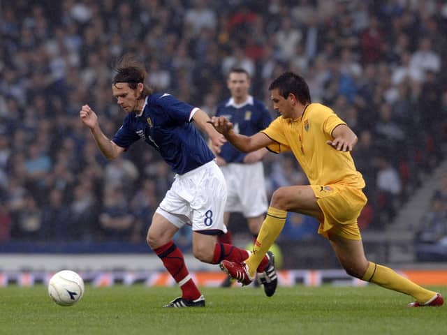 Graham Alexander playing for Scotland against Macedonia at Hampden in a World Cup qualifier in September 2009 (Pic by Robert Perry)
