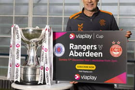 Philippe Clement pictured with the trophy his team will contest against Aberdeen at Hampden on Sunday afternoon in an occasion he maintains will not be crucial for the rest of the club's seasons. Viaplay’s live and exclusive coverage of Rangers v Aberdeen in the Viaplay Cup Final available to stream from viaplay.com or via  the TV provider on Sky, Virgin TV and Amazon Prime as an add-on subscription. (Photo by Alan Harvey / SNS Group)