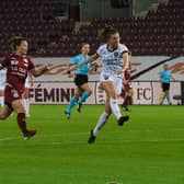 Clare Shine scores Glasgow City's goal in their 1-1 Champions League draw with Servette in Geneva (pic: Tommy Hughes)