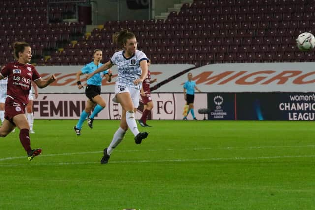 Clare Shine scores Glasgow City's goal in their 1-1 Champions League draw with Servette in Geneva (pic: Tommy Hughes)