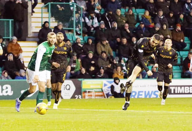 Tony Watt strikes home Motherwell's equaliser at Easter Road (Pics by Ian McFadyen)