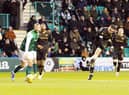 Tony Watt strikes home Motherwell's equaliser at Easter Road (Pics by Ian McFadyen)