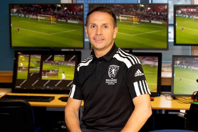 Crawford Allan, head of referee operations at the Scottish FA, at a Hampden training session in VAR. (Photo by Alan Harvey / SNS Group)