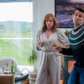 Gordon (Kieran Hodgson) enrages Cathy (Doon MacKichan) with his impression on her in Two Doors Down