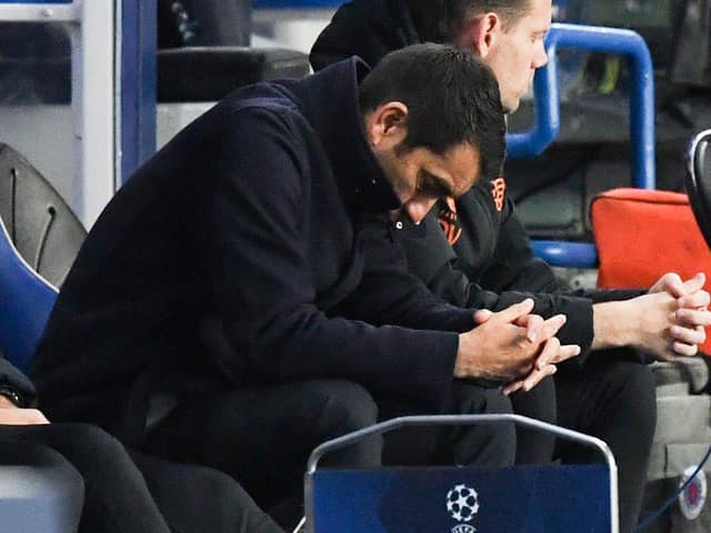 Rangers manager Giovanni van Bronckhorst looks dejected during the 7-1 defeat by Liverpool at Ibrox.