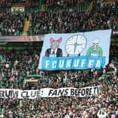 Celtic fans display a banner against Uefa prior to their Europa League match with Ferencvaros. Picture: SNS