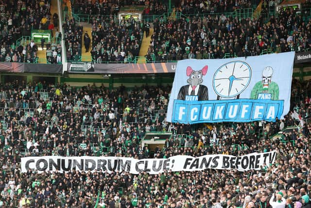 Celtic fans display a banner against Uefa prior to their Europa League match with Ferencvaros. Picture: SNS