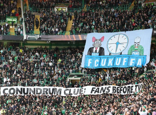 Celtic fans display a banner against Uefa prior to their Europa League match with Ferencvaros. Picture: SNS