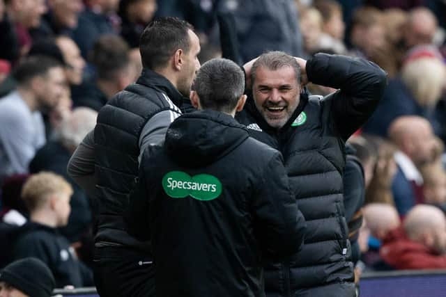 Celtic manager Ange Postecoglou's disbelief at not getting a penalty at Tynecastle Park. (Photo by Craig Williamson / SNS Group)
