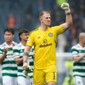 Celtic goalkeeper Joe Hart celebrates the win over Rangers.