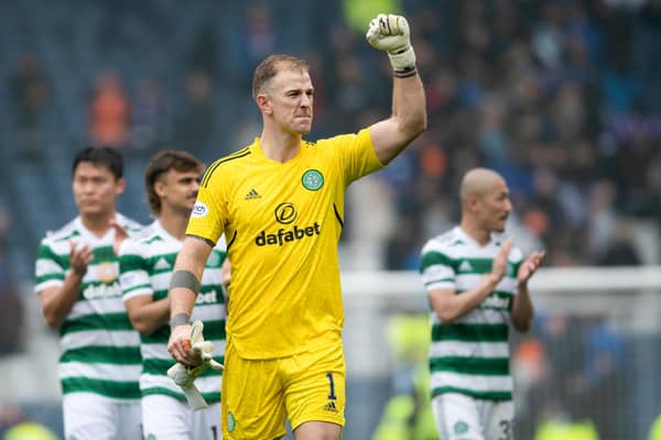 Celtic goalkeeper Joe Hart celebrates the win over Rangers.