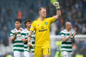 Celtic goalkeeper Joe Hart celebrates the win over Rangers.