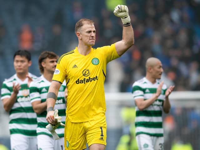 Celtic goalkeeper Joe Hart celebrates the win over Rangers.