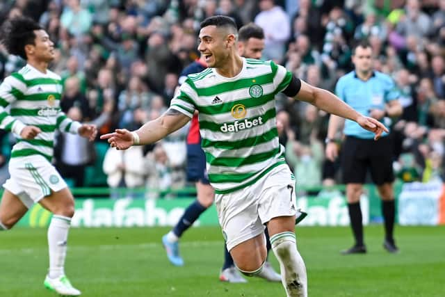 Giorgios Giakoumakis celebrates scoring a hat-trick in Celtic's 4-0 win over Ross County.