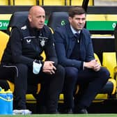 Rangers manager Steven Gerrard and his assistant Gary McAllister look on during their team's 3-0 win at Livingston.  (Photo by Rob Casey / SNS Group)