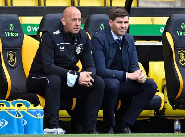 Rangers manager Steven Gerrard and his assistant Gary McAllister look on during their team's 3-0 win at Livingston.  (Photo by Rob Casey / SNS Group)