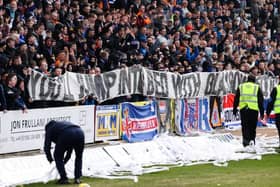 Rangers fans again protested against the scheduled Sydney Super Cup friendly match against Celtic in November before and during last Sunday's league game against Dundee at Dens Park. (Photo by Alan Harvey / SNS Group)