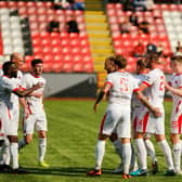 Clyde celebrate what proved to be David Goodwillie's matchwinning goal against Cove Rangers (pic: Craig Black Photography)