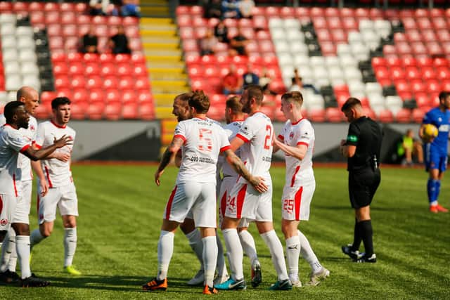 Clyde celebrate what proved to be David Goodwillie's matchwinning goal against Cove Rangers (pic: Craig Black Photography)