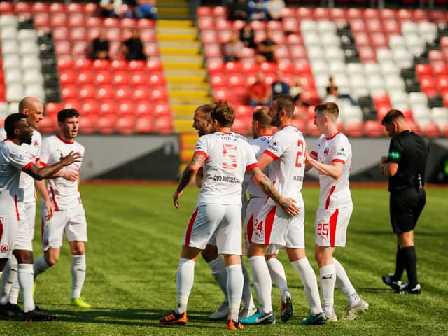 Clyde celebrate what proved to be David Goodwillie's matchwinning goal against Cove Rangers (pic: Craig Black Photography)