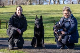 PC Carrie-Ann McNab and Bodie with Emma Ralton of Miller Homes at Pollok Country Park © Jeff Holmes Pix