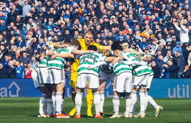 Celtic players in the ‘huddle’ 