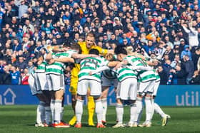 Celtic players in the ‘huddle’ 