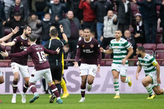 Hearts players claim for a penalty during the 4-3 defeat to Celtic at Tynecastle Park earlier in the season. Picture: SNS