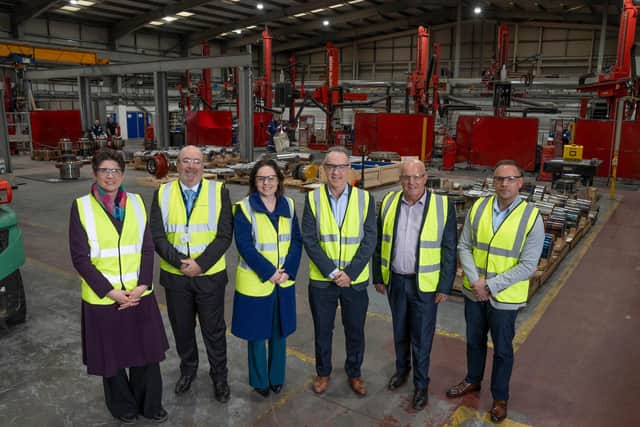 The Deputy First Minister toured the Glacier Energy workshop during her visit (L to R, Alison Thewliss,  Martin McKay, Kate Forbes, Scott Martin, Sandy Smart, Cameron Meiklejohn)