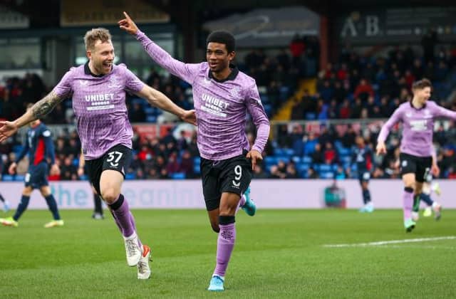 Amad Diallo celebrates after scoring five minutes into his debut for Rangers against Ross County in Dingwall. (Photo by Craig Williamson / SNS Group)