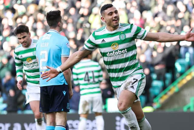 Celtic's Giorgos Giakoumakis sniffed out his first hat-trick for the club with only 16 touches across the 90 minutes against Dundee. (Photo by Craig Williamson / SNS Group)