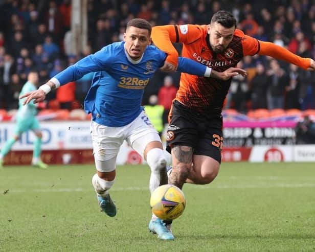 Dundee United's Tony Watt and Rangers' James Tavernier during a Cinch Premiership match in February.  (Photo by Alan Harvey / SNS Group)