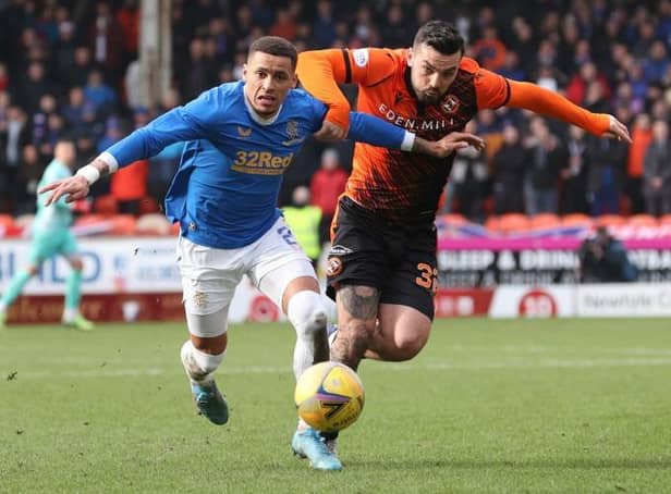 <p>Dundee United's Tony Watt and Rangers' James Tavernier during a Cinch Premiership match in February.  (Photo by Alan Harvey / SNS Group)</p>