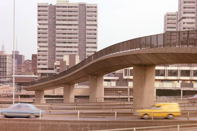 The Anderston Footbridge or bridge to nowhere as it was named, was initially built to connect a new housing estate to a retail complex, which was never built, and hung over the Marriot Hotel car park until it was converted in 2013. It was located south of the Charing Cross Podium. (Picture: Scottish Roads Archive)
