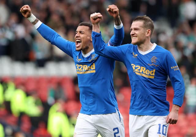 James Tavernier and Steven Davis celebrate during Rangers' Scottish Cup win over Celtic.