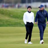 Ewen Ferguson shares a joke with pro-am partner Brad Simpson, lead singer of The Vamps, at The Alfred Dunhill Links Championship. (Photo by Richard Heathcote/Getty Images)