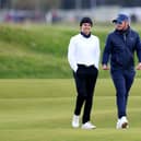 Ewen Ferguson shares a joke with pro-am partner Brad Simpson, lead singer of The Vamps, at The Alfred Dunhill Links Championship. (Photo by Richard Heathcote/Getty Images)