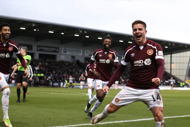 Cammy Devlin celebrates his first goal for Hearts in the 2-0 win at St Mirren.