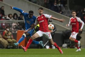 Fashion Sakala battles with Vitor Tormena during the first leg of Braga v Rangers