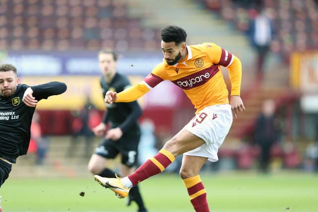 Jordan Roberts shoots at goal during Motherwell's 3-1 home win over Livingston on March 6 (Pic by Ian McFadyen)