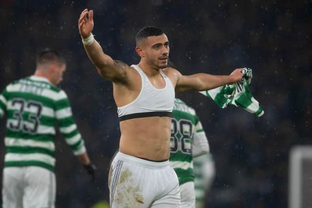 Celtic's Giorgos Giakoumakis performs a top-swinging celebration after his 95th minute goal secured the club's 2-0 Viaplay League Cup semi-final on Saturday night. And with the striker appearing on his way out, it seems the club's manager Ange Postecoglou is content for any number of his current personnel to lose their shirts as he pursues constant squad renewal.(Photo by Craig Foy / SNS Group)