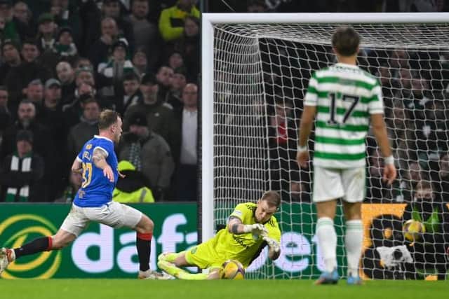 Scott Arfield is denied by Celtic goalkeeper Joe Hart during Rangers' 3-0 defeat in the Old Firm clash on Wednesday night. (Photo by Rob Casey / SNS Group)
