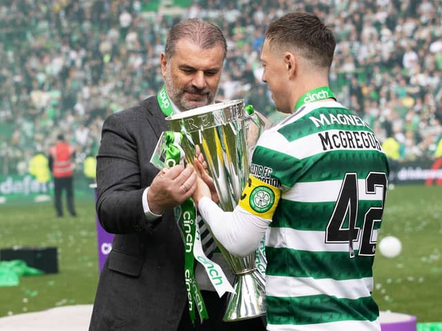 Celtic manager Ange Postecoglou and captain Callum McGregor with the 2022-23 Premiership trophy. (Photo by Craig Williamson / SNS Group)