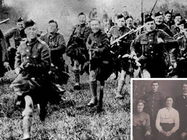 Little did the soldiers know what awaited them at Loos; however, John Ian Noble (inset with family) got a Mention in Dispatches for his bravery.