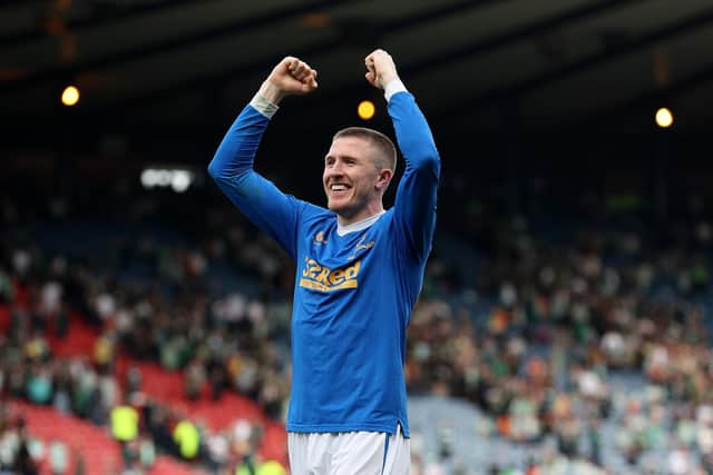 John Lundstram of Rangers celebrates after their sides victory  during the Scottish Cup Semi Final match between Celtic FC and Rangers FC at Hampden Park on April 17, 2022 in Glasgow, Scotland. (Photo by Ian MacNicol/Getty Images)