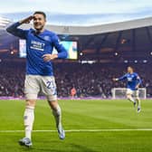 Rangers' Scott Wright salutes the crowd after scoring his team's second goal at Hampden against Hearts.