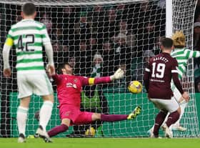 Celtic’s Kyogo Furuhashi scores the goal that caused all sort of furore through appearing to result from the striker being in a marginally offside position. (Photo by Craig Williamson / SNS Group)